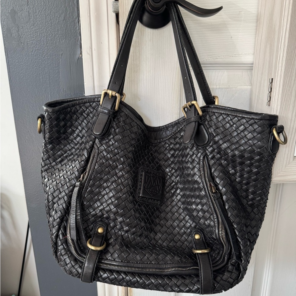 Leather Black Woven Tote Bag